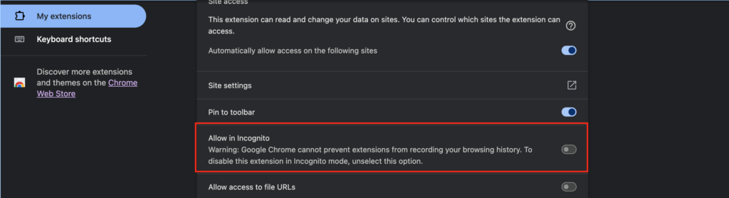 Allow extension in incognito